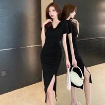 키작녀 원피스 키작은 여자 여름 분할 여성용 반팔 아름다운 독특한 독특한 검은색