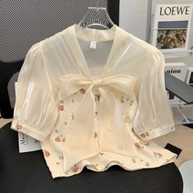 앙증맞은 리본 오간사 패치 탑 프렌치 반팔 블라우스