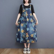 D18 멜빵 데님 원피스 플라워 레트로 프린트 서스펜더 원마일 룩 꾸안꾸 봄여름 코디