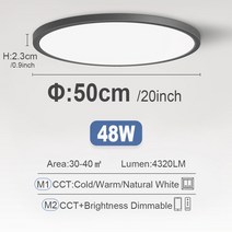 20 인치 LED 천장 조명 스마트 앱 원격 제어 밝기 조절 램프 침실 거실 주방 홈 광택, Ultrathin Black-48W, CCT-Switch Control