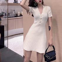 여성 브이넥 슬림핏 스포티 플리츠 미니 원피스