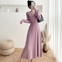 단색의 여성 가을 원피스 긴 소매 V넥 니트원피스