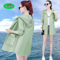 SHENGBO여자 여름 봄 가을 긴팔 자외선 차단 해변 비치 경량 프린트 플라워 아웃도어 후드 미디 바람막이 빅사이즈 아우터 집업 자켓