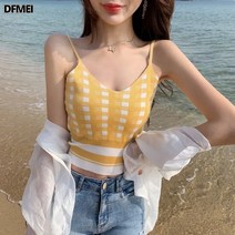 DFMEI 체크 나시 여 브이넥 쇼트 상의