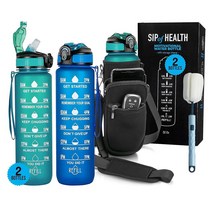 HOME OF SPOILS 2팩: 타임 마커가 있는 946.4ml(32온스) 물병 - 스트랩 및 홀더가 동기 부여 체육관 | 마실 시간이 빨대가 큰 물병 누출 방지 BPA 프리, 2 Pack: 1 Green Bottle /1 Blue