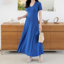 세이스타일 유닛 반팔 V넥 A라인 롱 원피스