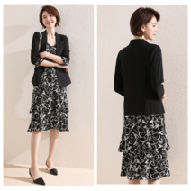 여성 쉬폰 원피스 정장 원버튼 자켓 세트 쉬폰 플라워 투피스 블랙/화이트