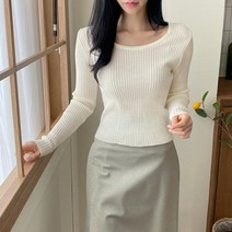 [바보사랑] 여자 골지 라운드넥 무지 긴팔 딱붙는 니트