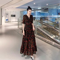 쉬폰 허리 스트링 롱원피스 여름 프렌치 빈티지 고급스러움 브이넥 반팔 슬림 앙상블