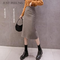 just feel!ng 여성용 가을가을 스판 체크 모직 스커트 미디 랩스커트 하이웨이스트 a라인 스커트 울렌스커트