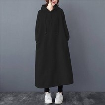 두터운 융털 단색 원피스 뚱뚱한 빅사이즈 여성의류 드로스트링 후드 긴팔 롱 타입 보온 맨투맨 겨울