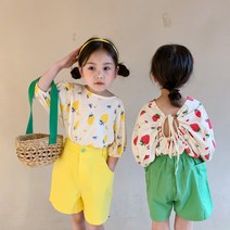 바로배송 딸기 뒷트임 티셔츠 1+1 레드 옐로우 세트 자매룩 둥이룩 촬영용 북유럽풍