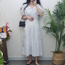 제이후 브이넥 도트 스트링 허리끈 셔링 캉캉 플레어 반팔 여름 쉬폰 롱 원피스
