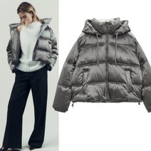 ZARA 유광 실버 그레이 숏패딩 후드 푸퍼 하이넥 점퍼