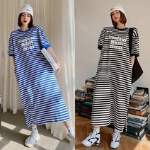 [유달리] 빅사이즈 프린팅 롱 스트라이프 포켓 원피스 박시핏 버핏 날씬해보이는 예쁜 홈웨어 블랙 파자마 마실 여성용 데일리