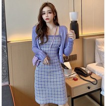 여성용 골지 가디건 + 체크 미니 원피스 세트