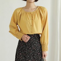 원타임 여성용 노카라 소매 스모크밴딩 셔링 블라우스