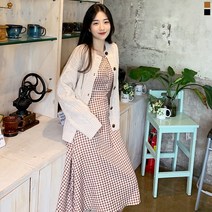 티데일리 마가렛 체크 롱원피스 여성용 스퀘어 긴팔 리본 플레어 원피스
