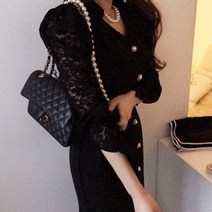 [랜덤플레이] 레이스 소매 진주 단추 머메이드 라인 원피스