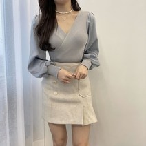 VANANA2 여성 청순 언발 퍼프 랩 골지 니트 블라우스