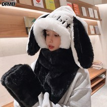 후드 여성 겨울 코디 러블리 토끼 귀 뽀글이 러블리 장갑 머플러 쓰리피스 목도리 일체형 보온