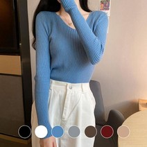 다잇템 여자 딱붙는 슬림핏 V넥 골지니트 긴팔티
