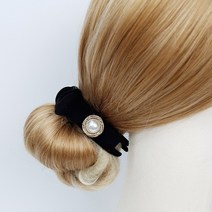 블랙 벨벳 싱글 진주 큐빅 반묶음 올림머리 똥머리 원형 헤어집게핀