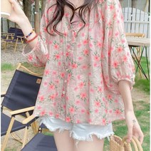 여성 블라우스 여름 꽃무늬 플라워 화려한 박시한 시원한 데일리룩 7부
