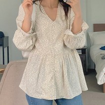 로로텐 플라워 셔링 블라우스 레이스 브이넥 긴팔 빅사이즈