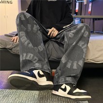 YAPOGI 자카드 청바지 남성 스트리트 힙합 유행 잘 생긴 느슨한 스트레이트 와이드 레그 캐주얼 바지 캐주얼 팬츠