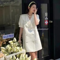 여성 여름 반팔 트위드 원피스 브이넥 반팔 슬림핏 퍼프 소매 쉬폰 트위드 원피스