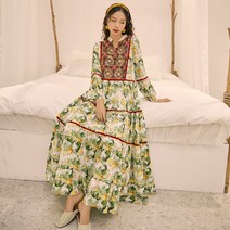 가을 여성 자수 보헤미안 긴팔 원피스 드레스 자연주의 프린팅 여행 바캉스 해변 휴양지
