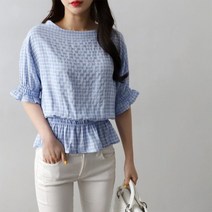 여자 봄 체크 펌핑 허리 라인 박시 라운드넥 블라우스