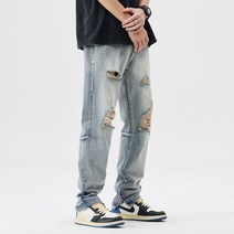 남성용 찢어진 청바지 빈티지 블루 크롭 팬츠