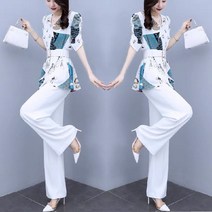 올 여름 세트 여성 허리 접기 시폰 와이드 팬츠 투피스