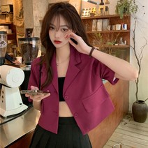 Momolatti 여성용 캐주얼 핏 루즈핏 반팔 카라 무지 하프 자켓