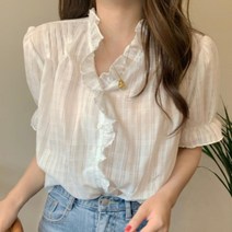 바보사랑 여자 프릴 아이보리 여성스런 반팔 블라우스.옷자락(무료배송)