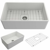BOCCHI Classico 농가 앞치마 전면 내화 점토 76.2cm. 단일 그릇 주방 싱크대 보호용 바닥 그리드와 거름망 포함 블랙, Classical Farmhouse