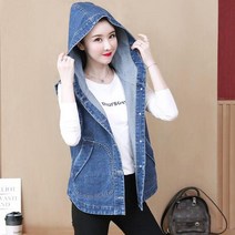 [뽐나] 여성 빅사이즈 캐주얼 버튼 깜찍 핏 후드 데님 조끼