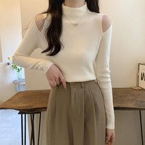 오프숄더 오프 숄더 탑 여성용 긴팔 짧은 섹션 가을 겨울 이너 조심 디자 하프 하이 칼라 니트 롱 스웨터 여성 원오픈숄더