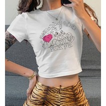 래빗 프린팅 화이트 크롭 티