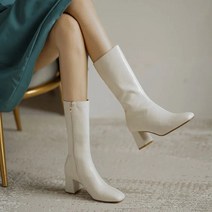 TZQW 흠광지성 화이트 부츠 가을 겨울 통굽 사각 워커 소프트 가죽 롱 부츠3-5CM