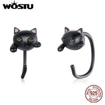 WOSTU 925 스털링 실버 고양이 스터드 귀걸이 여성을 위한 에나멜 블랙 동물 패션 주얼리 CQE1125