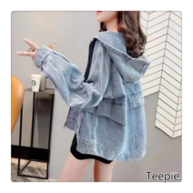티피/Teepie 후드 데님 재킷 여성용 새로운 느슨한 크롭 탑 재킷