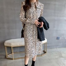 브이와이 여자 레오파드 블라우스 호피 케이프넥 긴팔 롱원피스