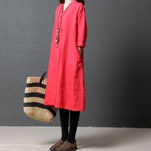 여성 봄 여룸 셔츠 원피스 면 마 무지 원피스 박시 미디 원피스 긴팔SFW