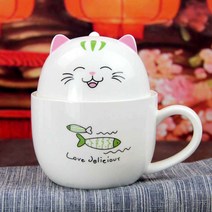 홈카페 시리얼 머그컵 고양이캐릭터 350ml, 그린