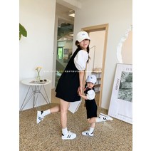 엄마 딸 커플 모녀 패밀리룩 미니멀 투피스 치마 퍼프 소매 패치워크 레터링 t 미디엄 롱룩