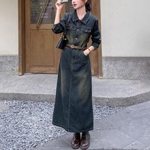POMTOR 여성 봄 가을 빈티지 롱 데님 원피스 클래식 버튼 벨트 롱원피스