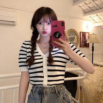 [레티고] 스트라이프 브이넥 반팔 가디건